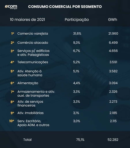 Gráfico do consumo comercial de energia elétrica por segmento, segundo a EPE 2022